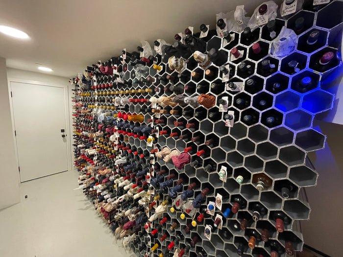 WineHive Silver modular honeycomb wine wall installation